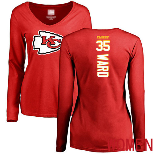 Women Football Kansas City Chiefs #35 Ward Charvarius Red Backer Slim Fit Long Sleeve T-Shirt